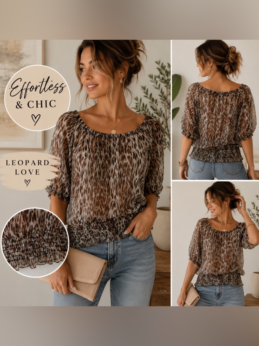 Eight Sixty Leopard-Print Peasant Blouse in Brown and Cream
